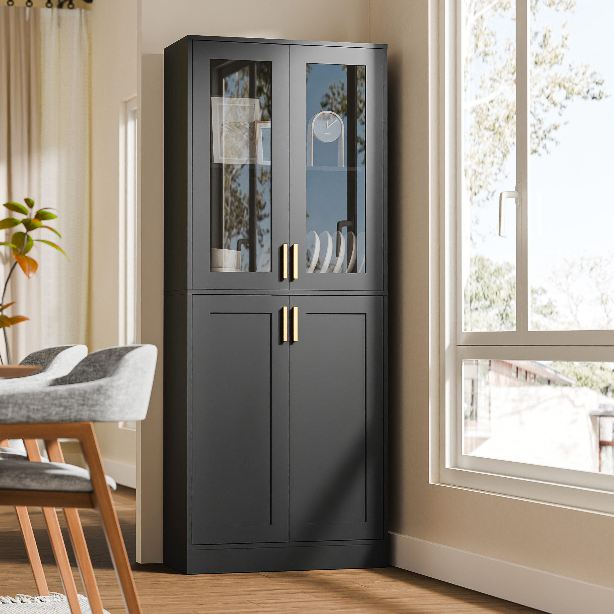 Ebern Designs Rohila 71" Kitchen Pantry Cabinet with Acrylic Glass Doors and Adjustable Shelves ...